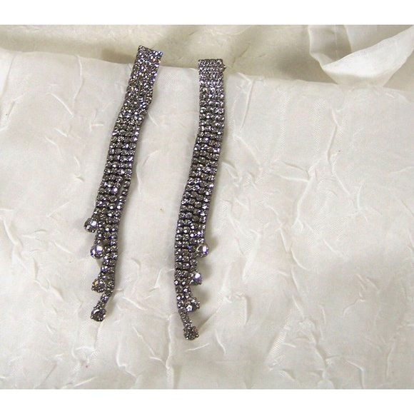 Silver Tone Waterfall Rhinestone Earrings Four Strands of Sparkle 3 3/4" - Picture 2 of 3